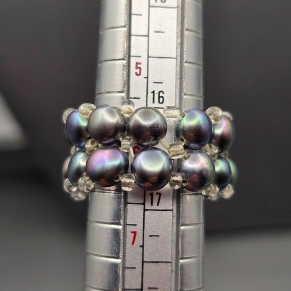 Peacock Pearl Stretch Ring Size 6–10 Glass Beads Spacers VTG Double Layered 12mm - Picture 6 of 9